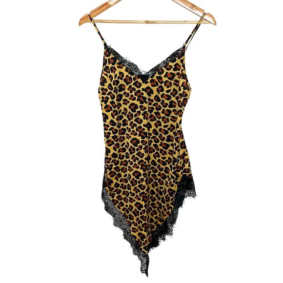 Out From Under Slip Dress XS Leopard Cheetah Triangle Hem Satin Lace V Neck - Picture 1 of 6
